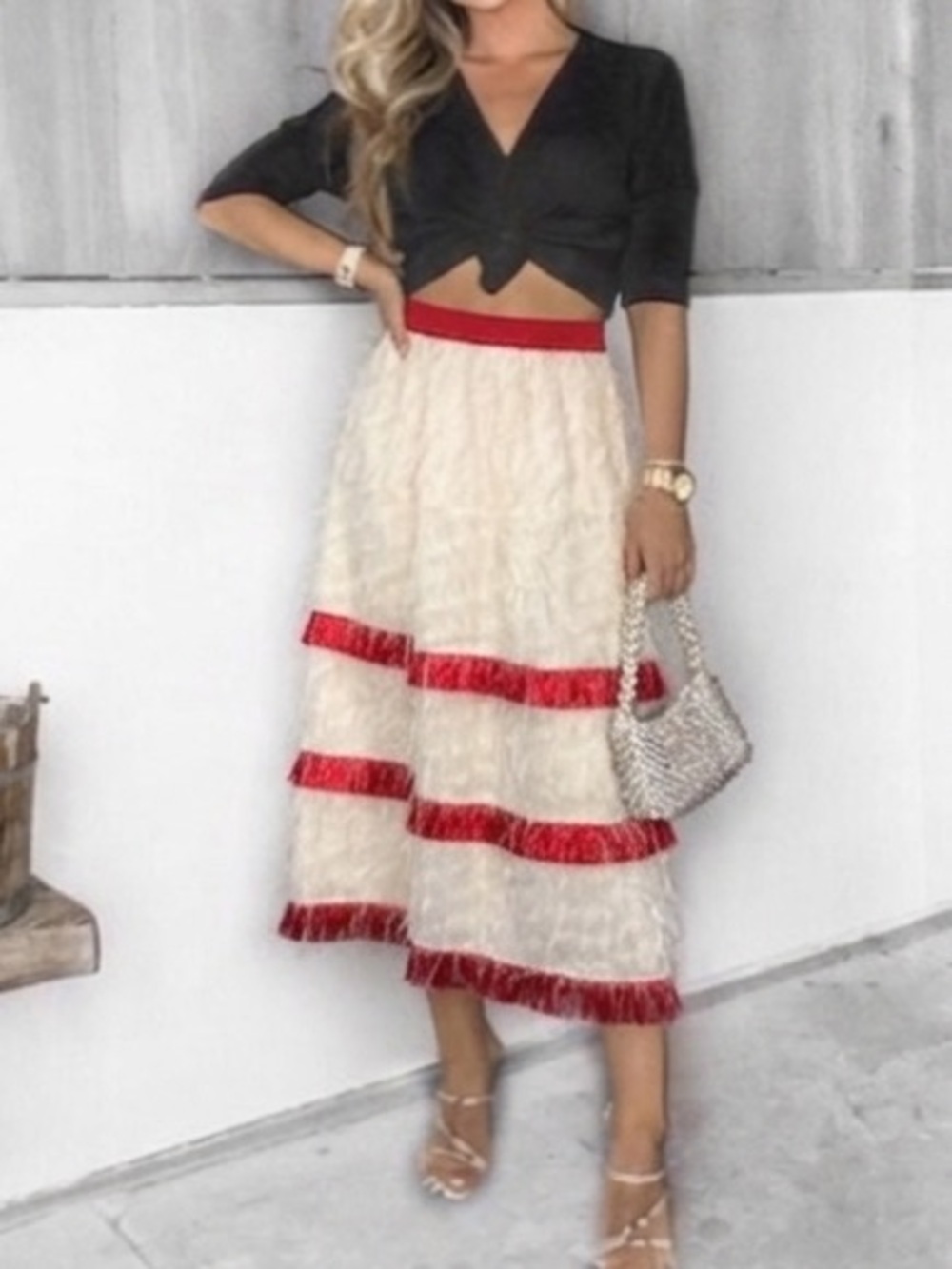 Cream Midi Skirt with Red Trim